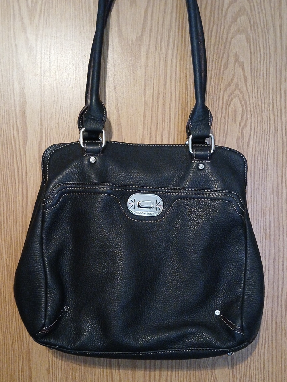 Isaac Mizrahi Black Pebbled Leather Shoulder Bag with Silver Hardware